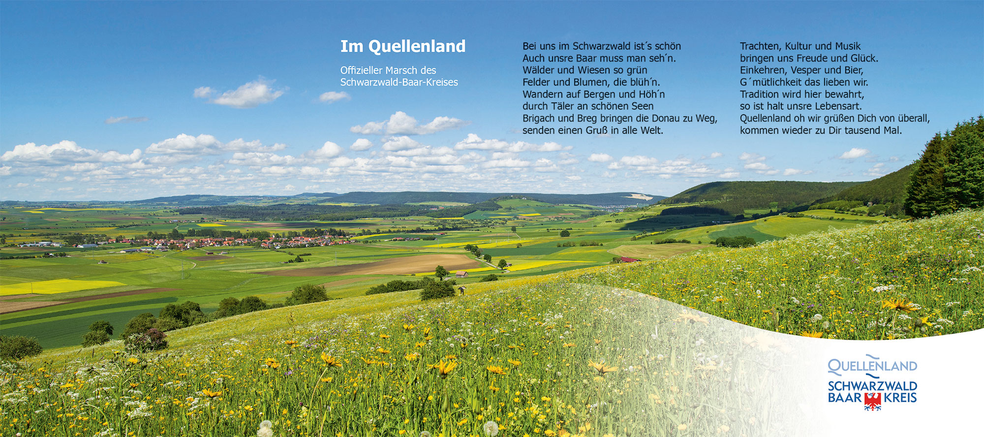 Coverbild "Im Quellenland - offizieller Marsch des Schwarzwald-Baar-Kreises". Zu sehen ist eine blühende Frühlingslandschaft auf der Baar. Grüne Wiesen voller Löwenzahnblühten, sowie Dörfer in der Ferne prägen die idyllische Landschaft.