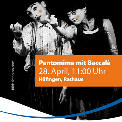 Das Schweizer Pantomime-Duo Baccal� erz�hlt ohne Worte vom Menschsein. Zu sehen ist das rund 30-min�tige St�ck mit dem Titel �Am Rand� auf den Stra�en in neun Orten der Landkreise Waldshut, Konstanz und Schwarzwald-Baar-Kreis sowie im Kanton Schaffhausen. Mit dem Vorsatz, die Kultur zu den Menschen zu bringen, hat die Arbeitsgruppe Kultur der Randenkommission, ein Format f�r eine Stra�enperformance entwickelt. Die Idee: auf den Pl�tzen der D�rfer und St�dte wird ein St�ck aufgef�hrt, das die Menschen in ihrem Alltag abholt. Der Titel �Am Rand� ist bewusst vieldeutig. Wer definiert, wo Rand und Mitte sind? Alles ist eine Frage der Perspektive. Im Schwarzwald-Baar-Kreis zu sehen am Dienstag, 28. April in H�fingen vor dem Rathaus ab 11 Uhr und am Samstag, 2. Mai in VS-Villingen auf dem Latschariplatz (Marktplatz) um 11 Uhr.