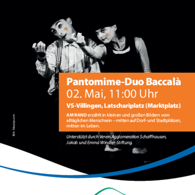 Das Schweizer Pantomime-Duo Baccal� erz�hlt ohne Worte vom Menschsein. Zu sehen ist das rund 30-min�tige St�ck mit dem Titel �Am Rand� auf den Stra�en in neun Orten der Landkreise Waldshut, Konstanz und Schwarzwald-Baar-Kreis sowie im Kanton Schaffhausen. Mit dem Vorsatz, die Kultur zu den Menschen zu bringen, hat die Arbeitsgruppe Kultur der Randenkommission, ein Format f�r eine Stra�enperformance entwickelt. Die Idee: auf den Pl�tzen der D�rfer und St�dte wird ein St�ck aufgef�hrt, das die Menschen in ihrem Alltag abholt. Der Titel �Am Rand� ist bewusst vieldeutig. Wer definiert, wo Rand und Mitte sind? Alles ist eine Frage der Perspektive. Im Schwarzwald-Baar-Kreis zu sehen am Dienstag, 28. April in H�fingen vor dem Rathaus ab 11 Uhr und am Samstag, 2. Mai in VS-Villingen auf dem Latschariplatz (Marktplatz) um 11 Uhr.