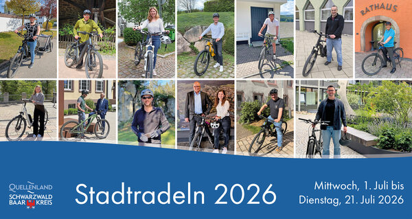 Die St�dte und Gemeinden des Schwarzwald-Baar-Kreises sind bereit f�r das STADTRADELN 2026!
Von links nach rechts, obere Reihe: B�rgermeisterin Lisa Hengstler aus G�tenbach, Patrick Doll aus Unterkirnach, Sarah H�fler aus H�fingen, B�rgermeister J�rg Frey aus Schonach, B�rgermeister Heiko Wehrle aus V�hrenbach, Alexander Schmid aus Villingen-Schwenningen und B�rgermeister Ralf Pahlow aus Tuningen.
Von links nach rechts, untere Reihe: Antonia Wursthorn aus Donaueschingen, Gregor Schenk und B�rgermeister Fritz Link aus K�nigsfeld, B�rgermeister Markus Keller aus Blumberg, B�rgermeister Michael Rieger und Victoria Dillmann aus St. Georgen, B�rgermeister Florian Merz aus Furtwangen und Bastian Ladwig vom Landratsamt Schwarzwald-Baar-Kreis.